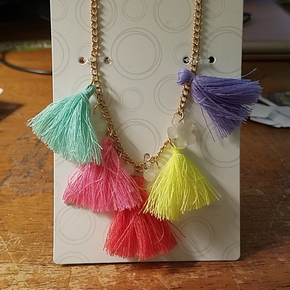 Tassel, Flower & Charm Gold Tone Necklace 20"